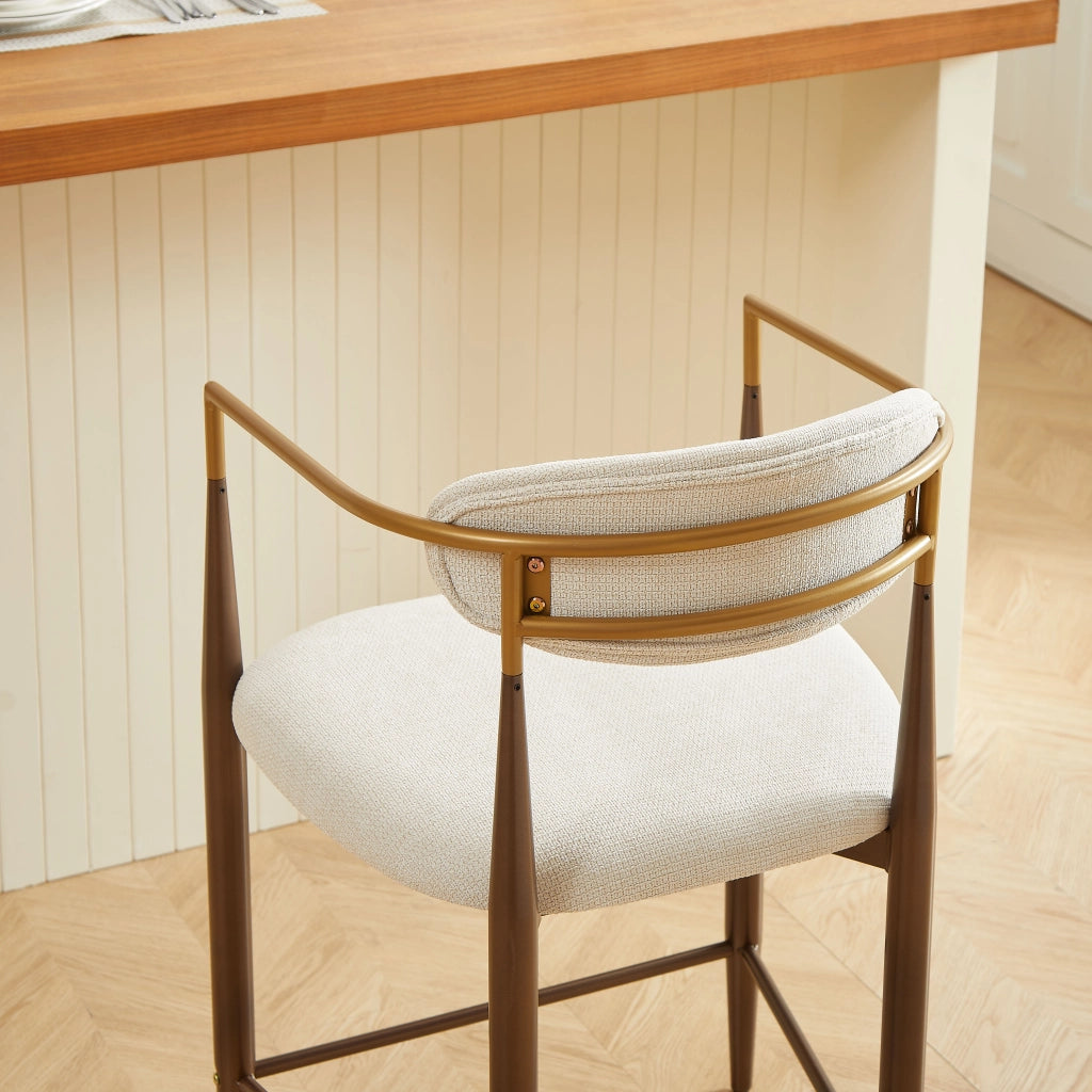Sgabello da Bar Set da 2 con Braccioli e Piedini Regolabili, Stile Country Francese, in Tessuto Beige
