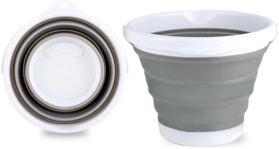 Emicemera 5l - secchio pieghevole - appeso - adatto per pulire, conservare e trasportare acqua, giochi da spiaggia e altro (grigio-bianco)