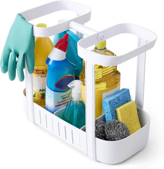Organizzatore 2 livelli regolabile per la pulizia - cassettone per cucina e bagno - con maniglia di trasporto.