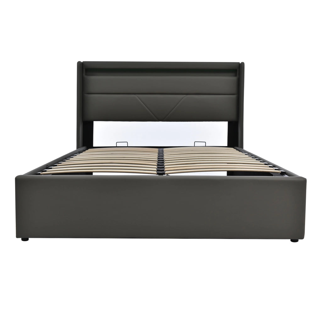 DESMIU Letto contenitore 140 × 200 cm 2 posti con LED regolabile e vano contenitore idraulico, senza materasso, in PU, grigio