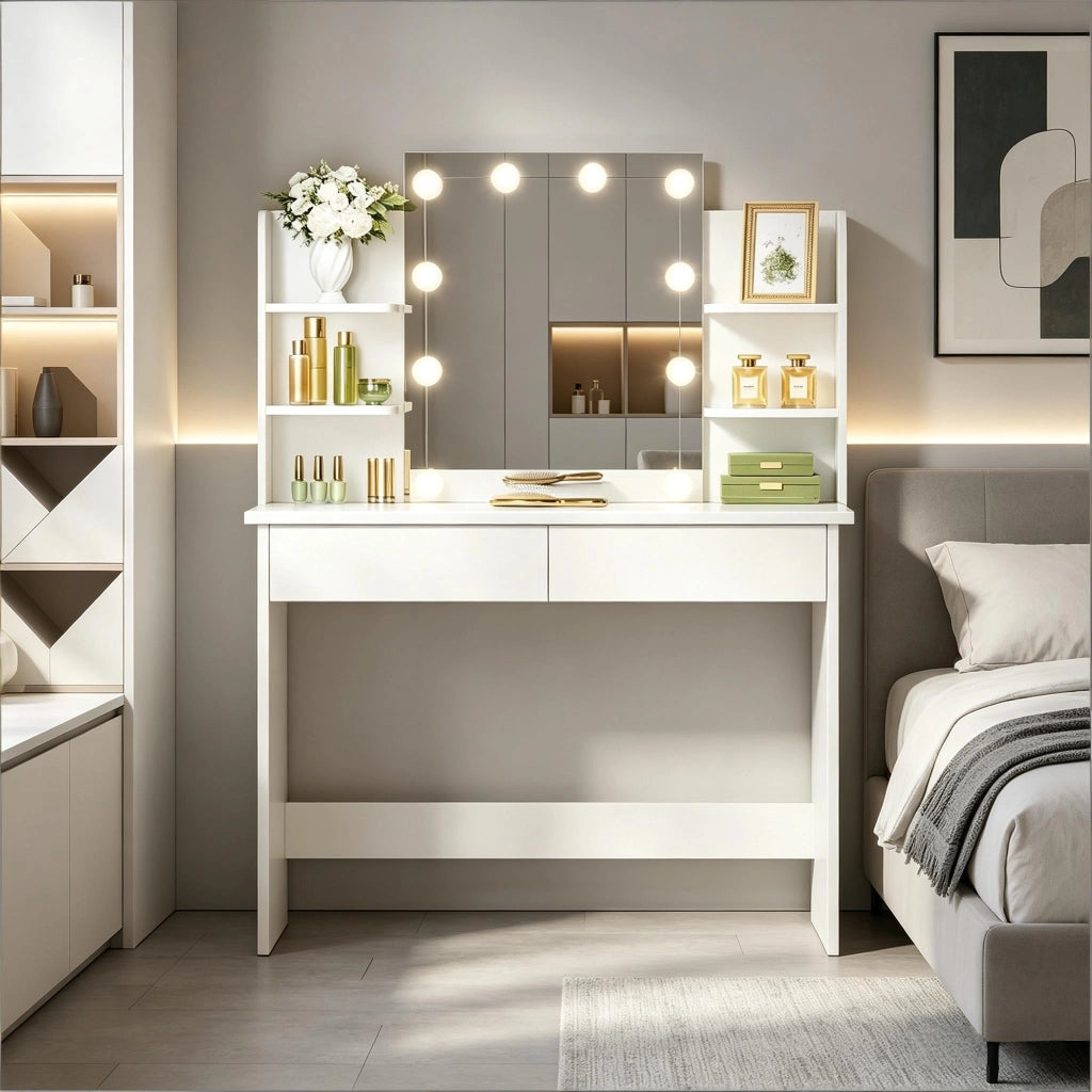 Toeletta con specchio LED; 4 ripiani; 2 cassetti e piano contenitore per camera da letto; 90×40×135 cm; bianca