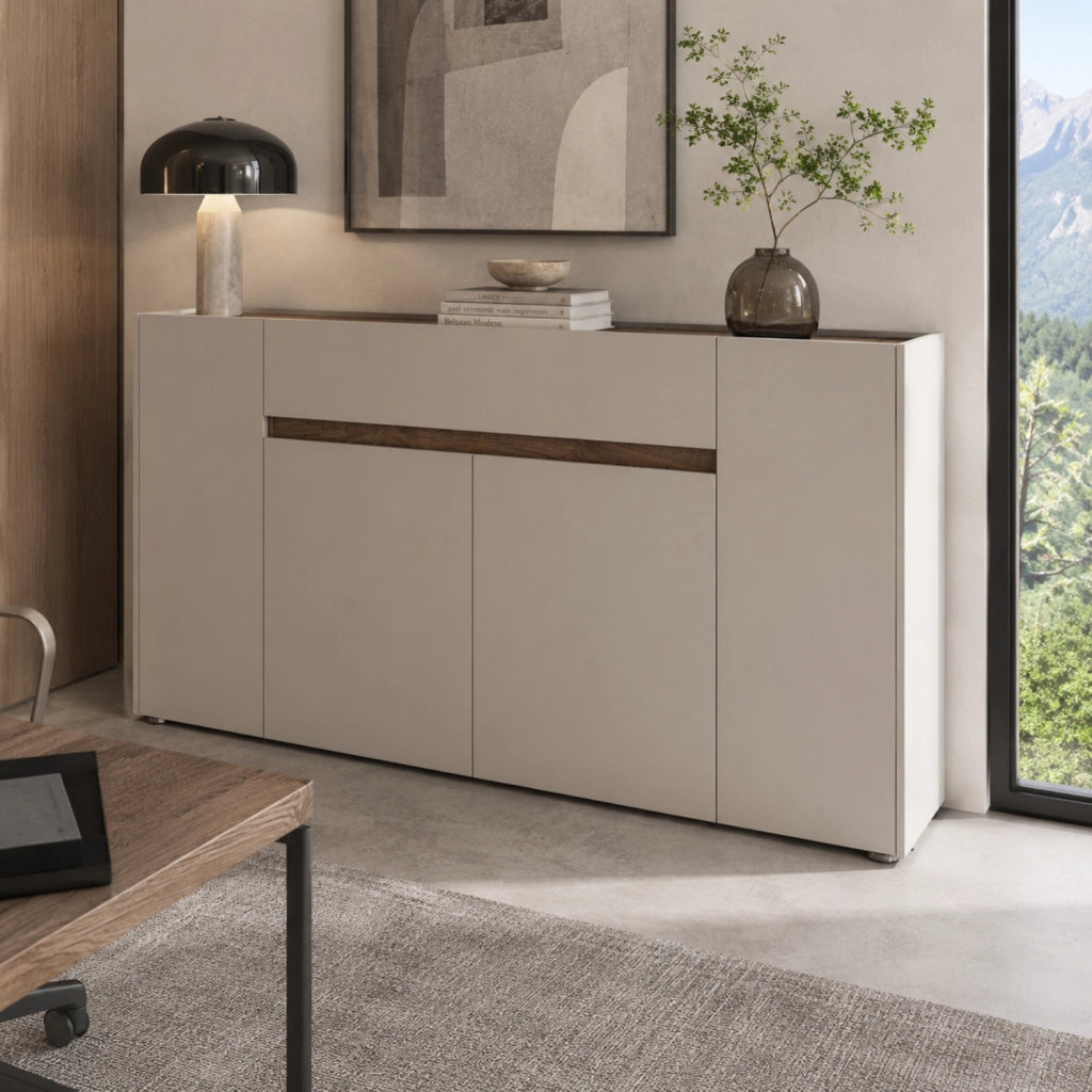 Credenza Moderna Madia In Melaminico Con 4 Ante E 1 Cassetto Mobile Contenitore Sala da Pranzo Soggiorno Design Senza Maniglie Elegante Capiente 170 x 85 x 40 cm Noce Chiaro
