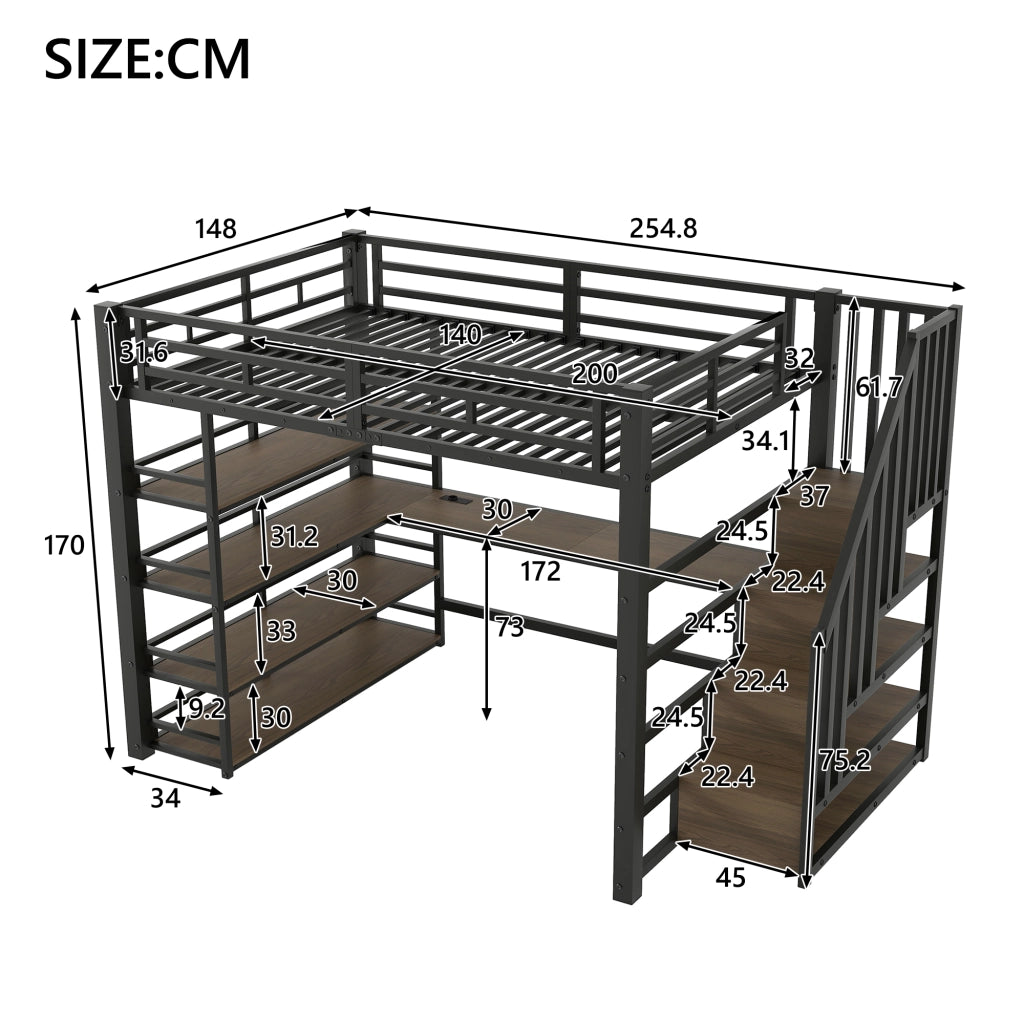 Letto a soppalco 140x200 cm con scrivania; scala contenitore; stazione USB e illuminazione LED; metallo nero
