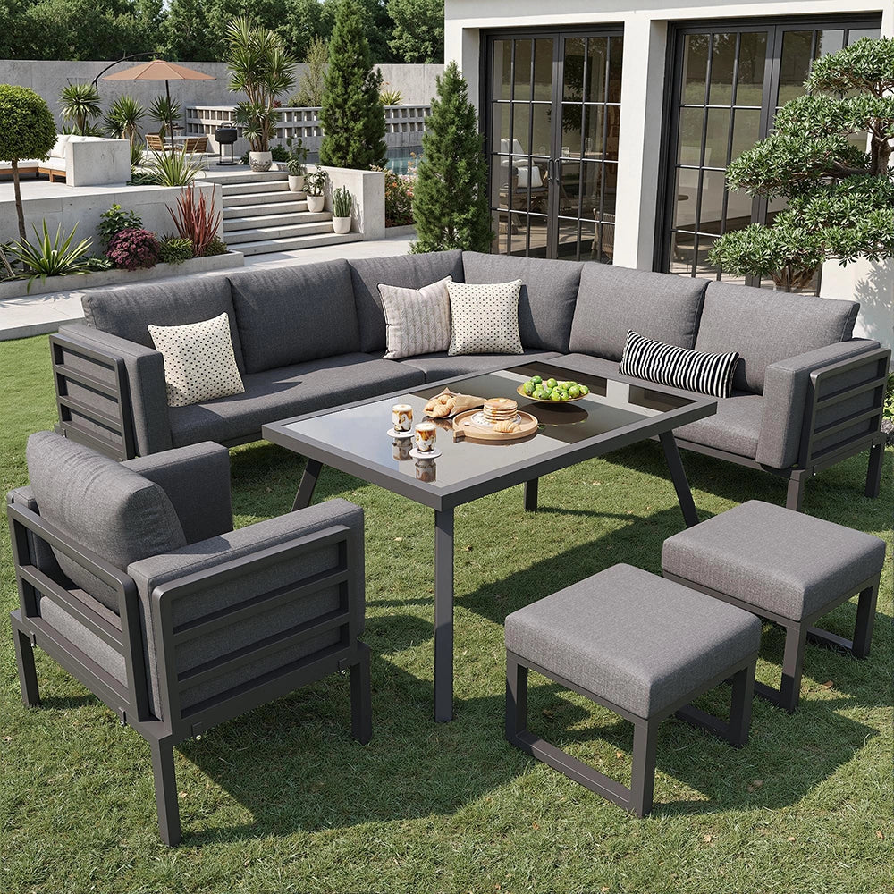 Set di sedie da giardino a mezzaluna per 8 persone - Xylo - Struttura in ferro robusta con cuscini grigi, include tavolo in vetro, 1 poltrona e 2 sgabelli, resistente alle intemperie
