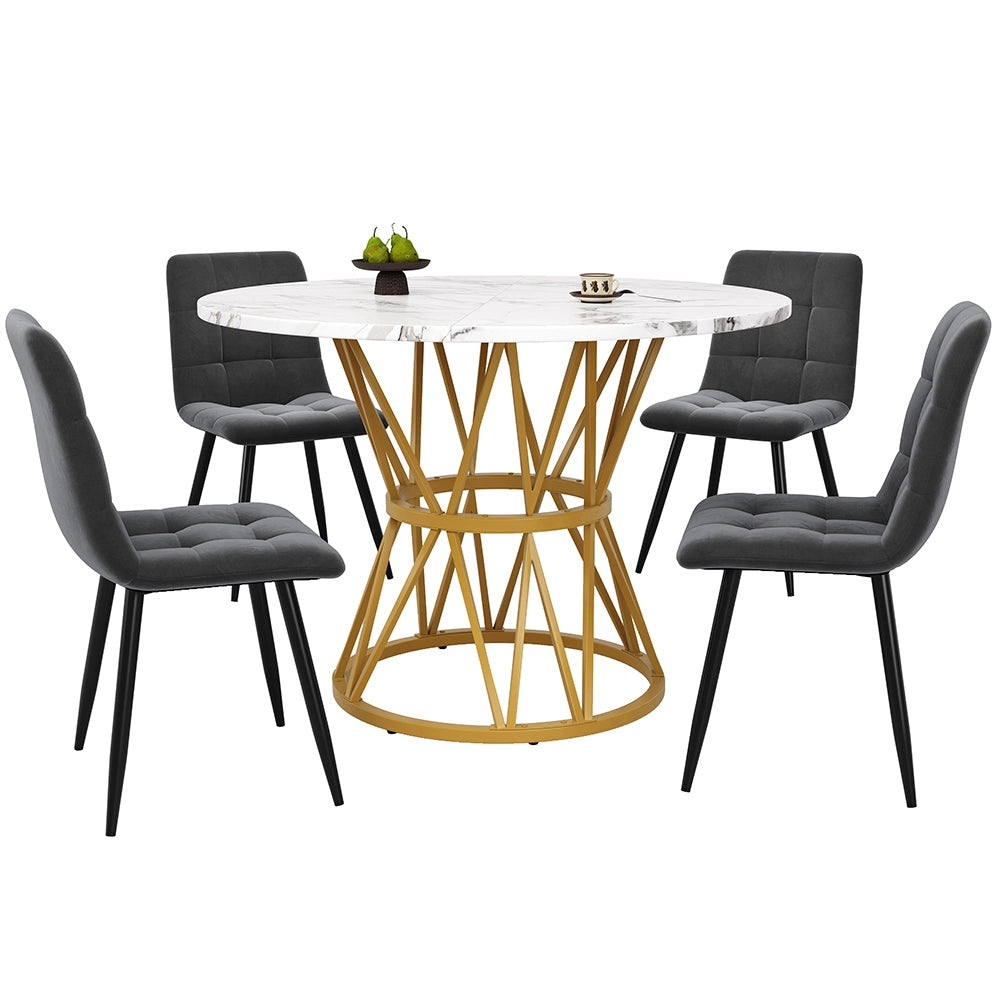 Set tavolo-Xylo-100cm rotondo 4 sedie grigio piedi metallo piano marmorizzato