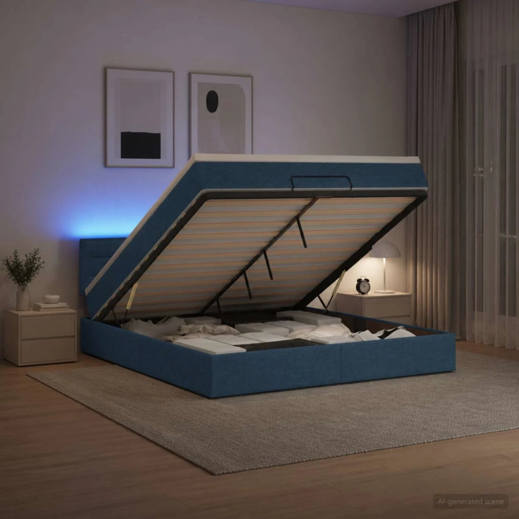 Letto Ottomano con Materasso e LED Blu 180 x 200 cm Tessuto 3456849