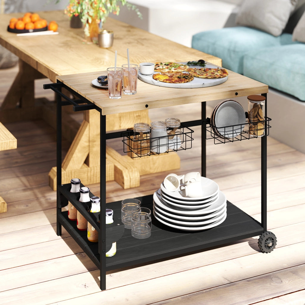Carrello da giardino per barbecue ¨C Xylo ¨C legno e metallo con 2 ripiani e portabottiglie