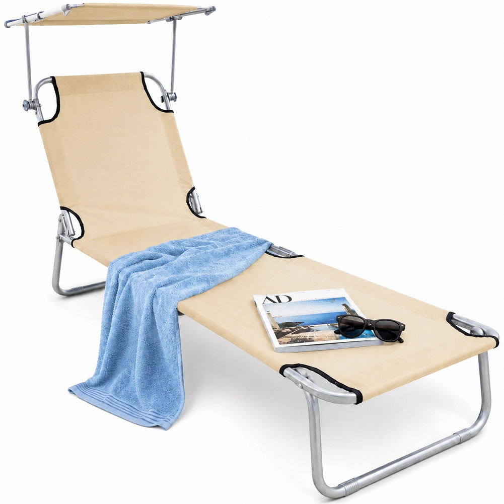 Lettino Mare Pieghevole Leggero con Tettuccio Parasole Regolabile Beige