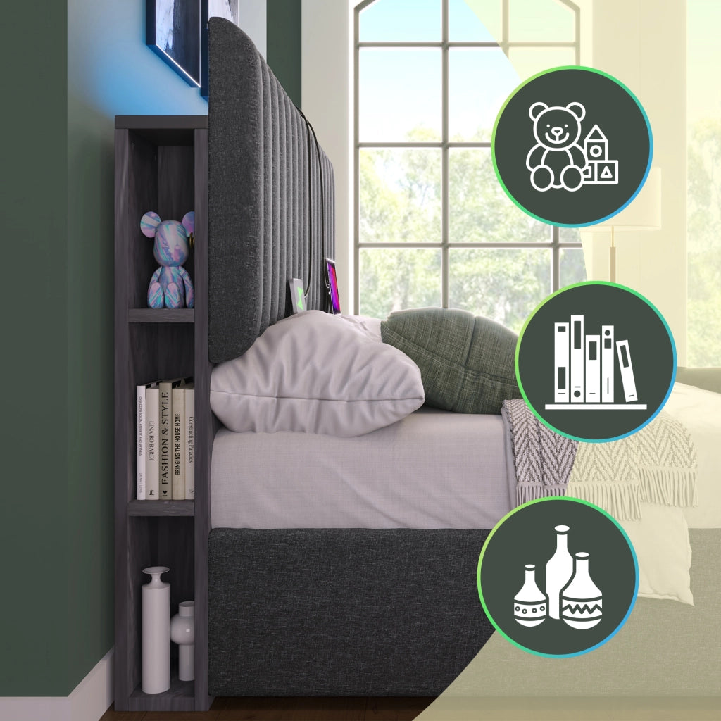 LETTO Contenitore 140x200 cm Grigio in Lino con LED, USB e Type C