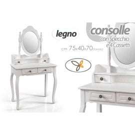 Consolle da camera con specchio e quattro cassetti bianca