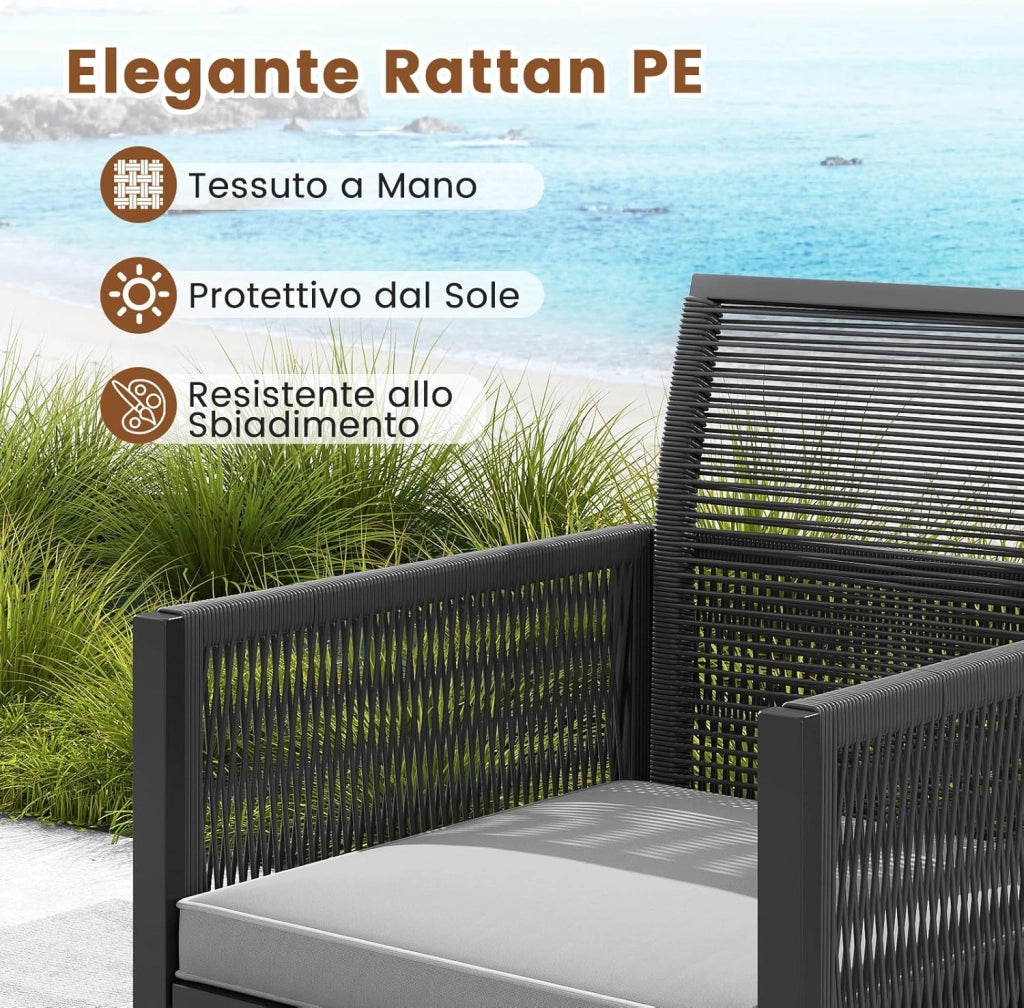 5 Pezzi Set da Esterno in Rattan PE, Set Mobili da Giardino con Cuscini, Sedie Poggiapiedi e Tavolino da Caffè, Poltrone Lounge Salvaspazio per Balcone, Piscina e Cortile