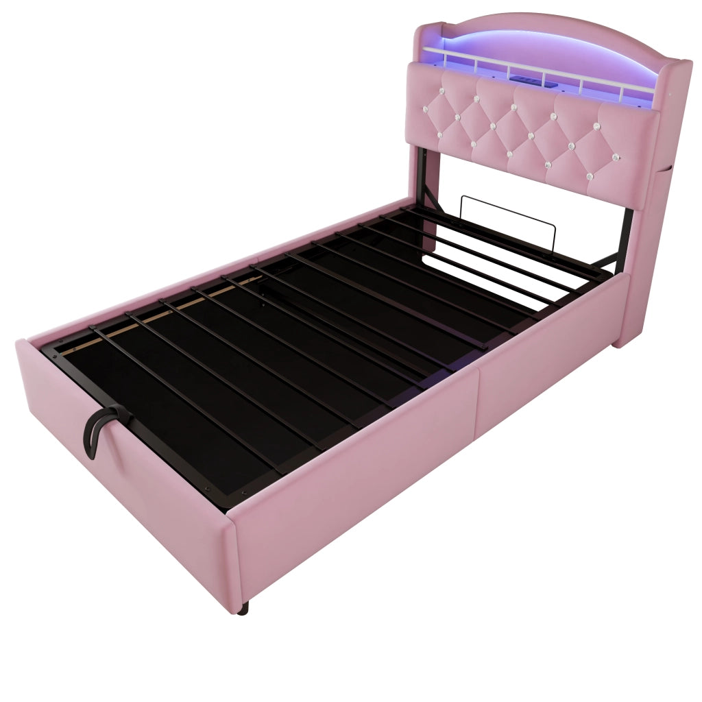 Letto bambino imbottito singolo 90×200 cm con contenitore; LED; USB e Type-C; senza materasso; velluto; rosa