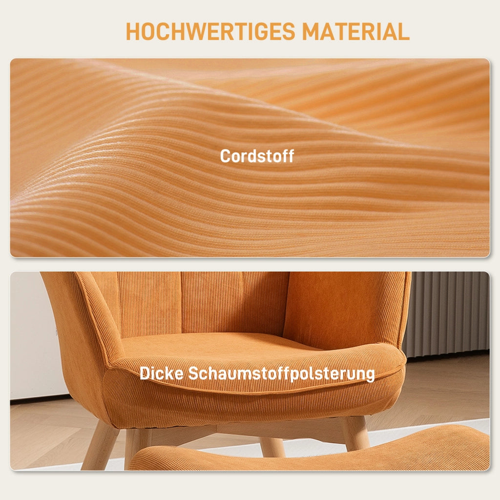 Poltrona con poggiapiedi, poltrona a orecchioni con schienale alto, gambe in legno, poltrona lounge con design capitonn¨¦, effetto velluto a coste,