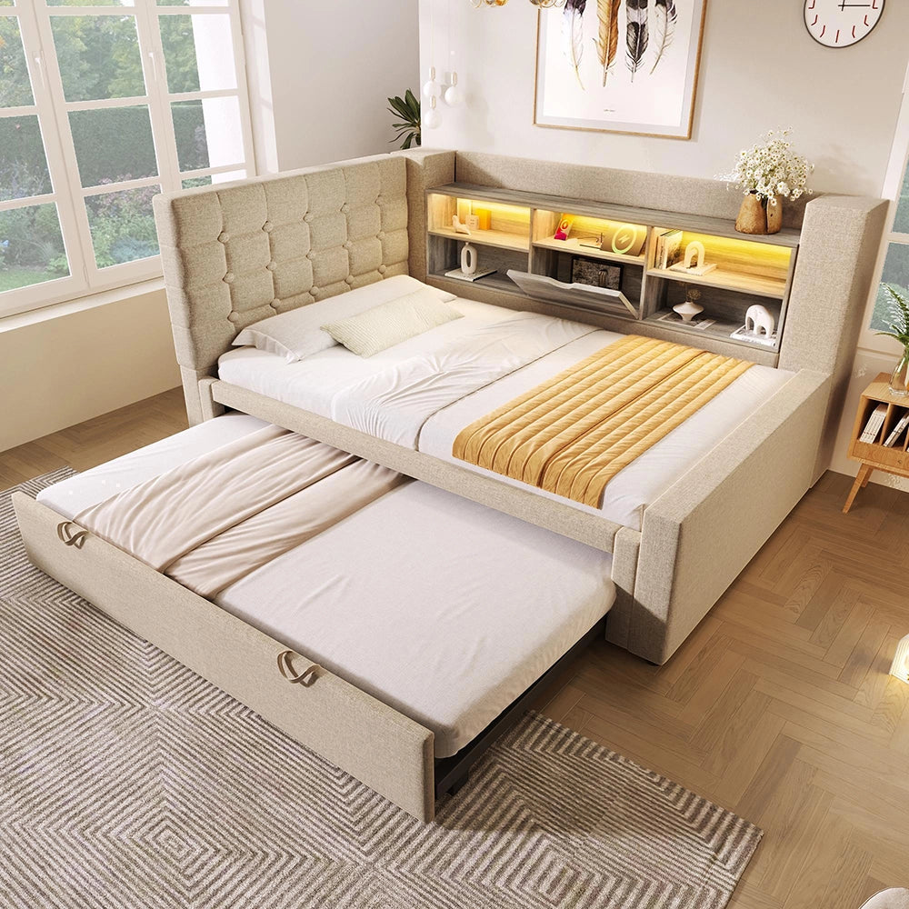 Letto imbottito con letto a scomparsa - Xylo - 90x200 cm - Beige - LED, testiera a L con spazio di archiviazione
