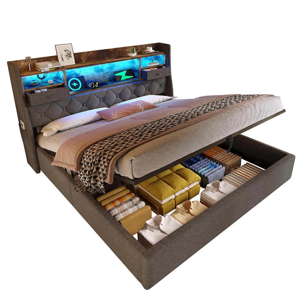 Letto Matrimoniale 140x200cm - Xylo - Testiera LED Idraulica con 4 Porte Ricarica, Tessuto Lino Grigio