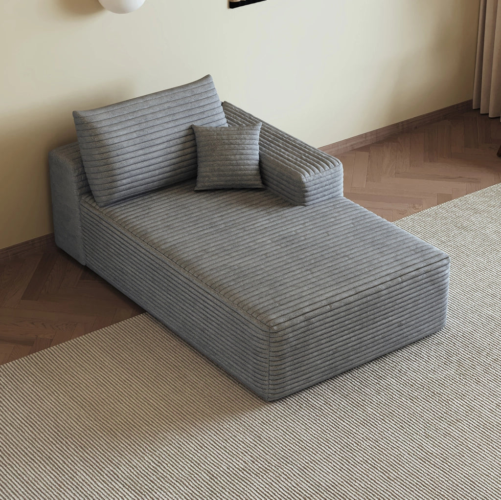 Divano modulare con chaise longue in tessuto grigio, senza montaggio