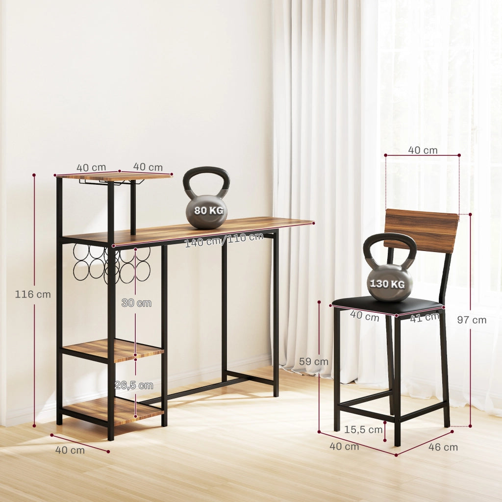 Set Tavolo da Pranzo Pieghevole con Portabottiglie e 2 Sgabelli ¨C Xylo ¨C Metallo Nero Legno Marrone