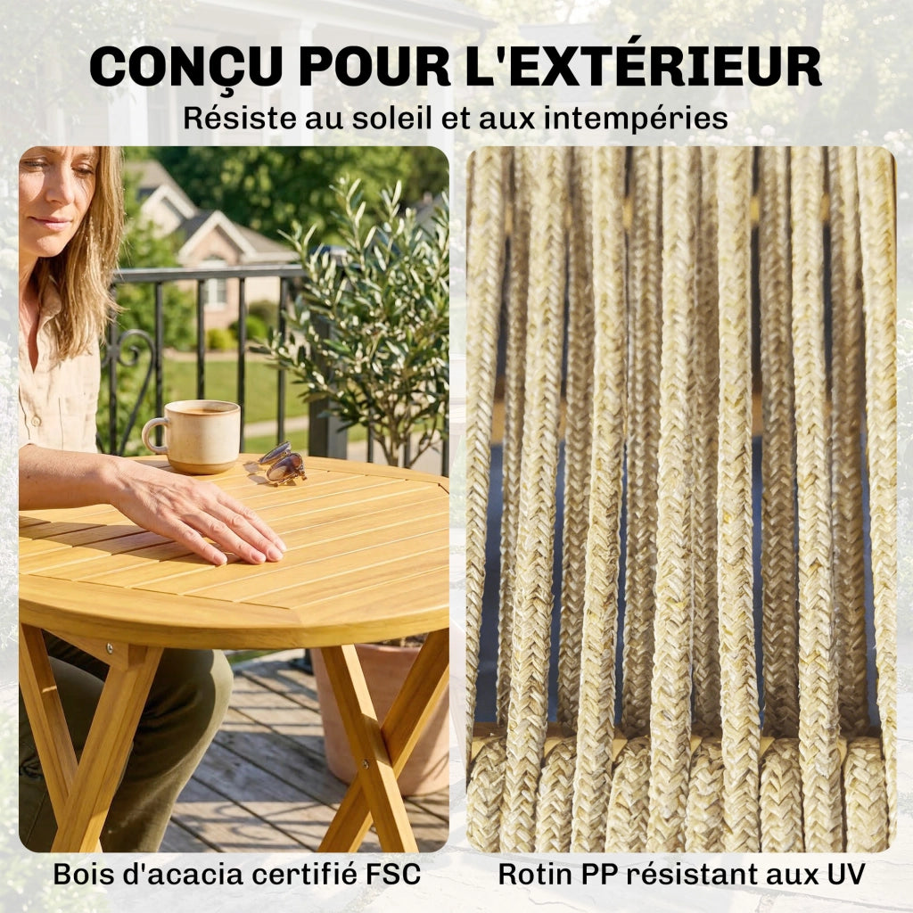 Tavolo da pranzo rotondo allungabile con sedie pieghevoli ¨C zephmum ¨C legno acacia, corda PP, naturale