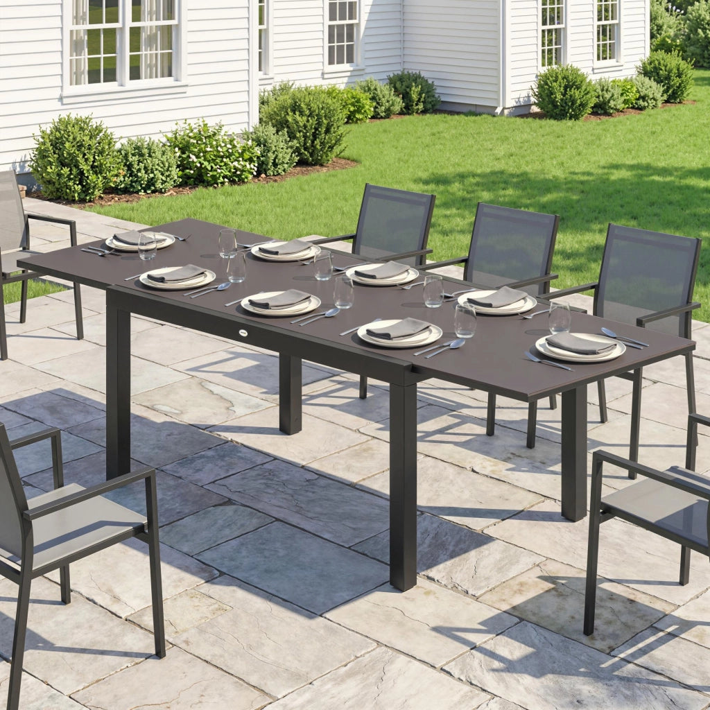 Tavolo da Giardino Allungabile ¨C Minimal ¨C Vetro Temperato, Alluminio, Nero, 140/240x90 cm