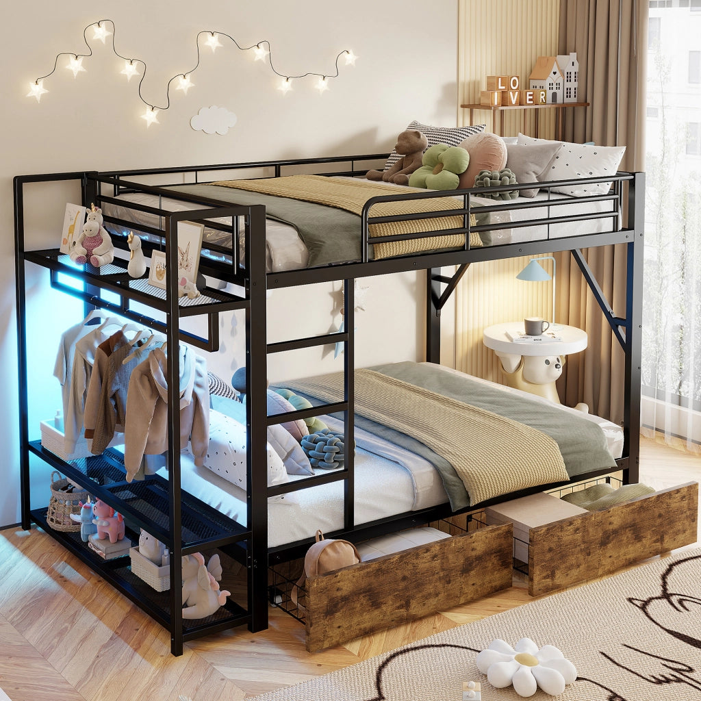 Letto a castello 140x200 cm in metallo e MDF con LED; 2 cassetti e ripiani; nero