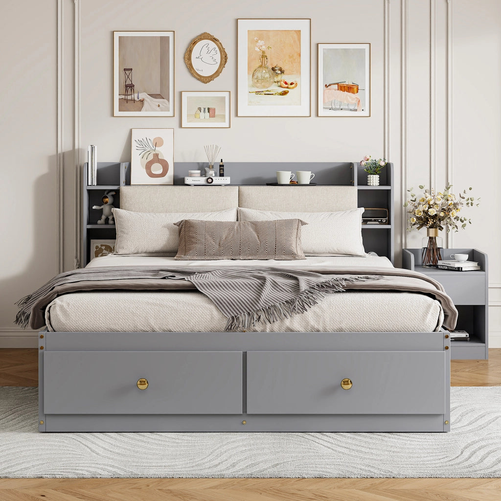 Letto contenitore matrimoniale 140×200 cm con testiera imbottita; 2 cassetti e ripiani; senza materasso; legno; grigio