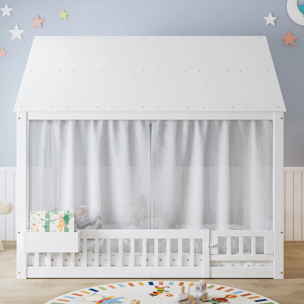 DESMIU Lit enfant 140 × 200 cm avec rangement, fenêtres décoratives, sans matelas, en bois massif et MDF, blanc