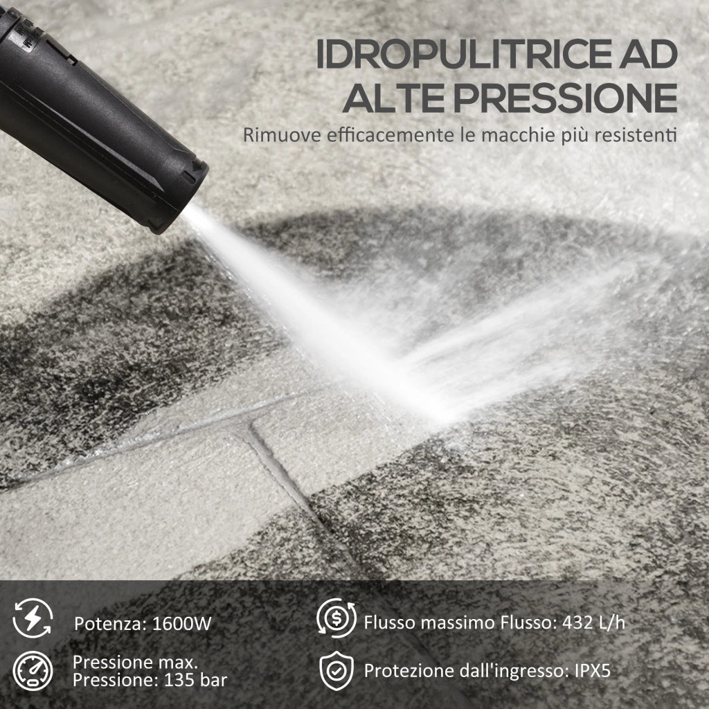 Idropulitrice ad Alta Pressione 1600W 35x28x65 cm con Ugello Regolabile e Kit Pulizia Blu e Nero