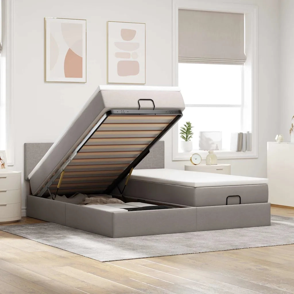 Struttura Letto Pouf con Materassi Tortora 200x200 cm Tessuto 3312833