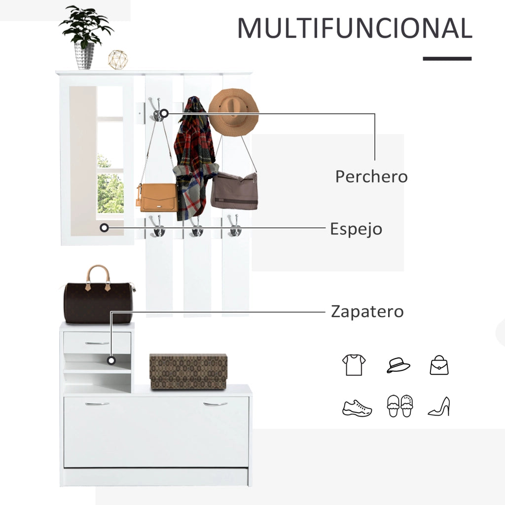 Mobili Ingresso con Specchio Appendiabiti e Scarpiera ¨C Minimal ¨C Bianco 2 Pezzi 6 Ganci
