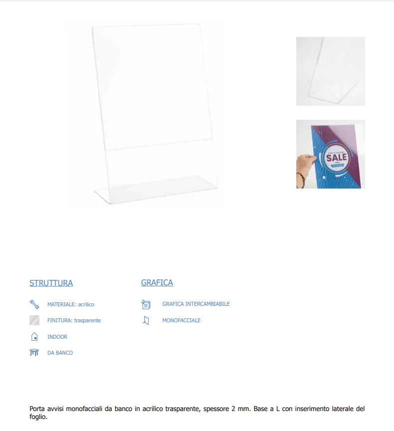 Porta avvisi da banco in Plexi con base a L Monofacciale - 1/3 A4