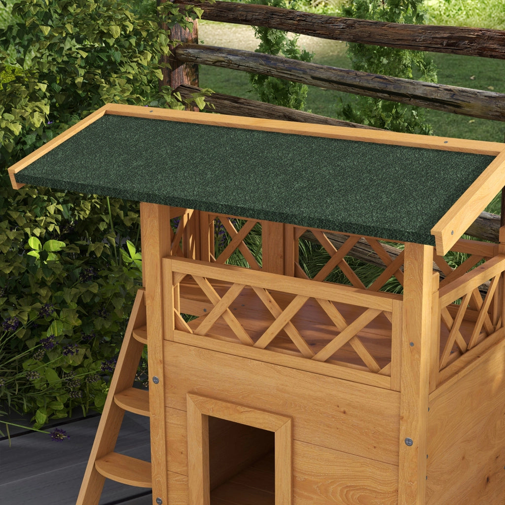 Casetta per Gatti 2 Piani con Tetto Balcone Scala ¨C Xylo ¨C Legno Naturale 77x50x73cm