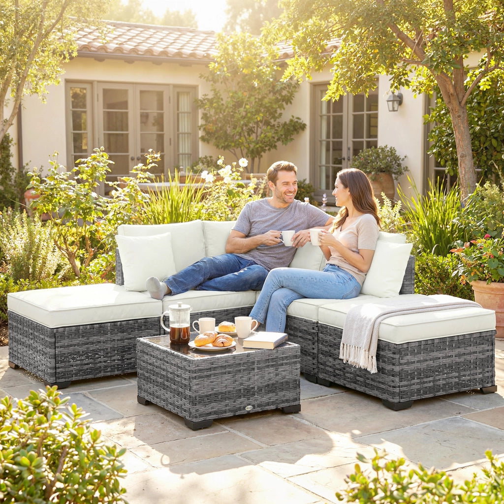 Set Giardino 6 Pezzi Rattan Acciaio ¨C Zephmum ¨C Divano Tavolino Cuscini Grigio