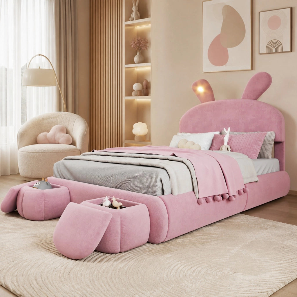 LETTO Imbottito idraulico 140x200 cm velluto rosa con contenitore e 2 pouf