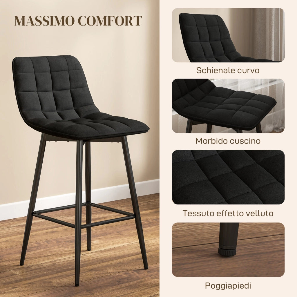 Set 2 Sgabelli da Cucina Stile Nordico 45x47x84 cm in Tessuto Effetto Velluto e Metallo Nero