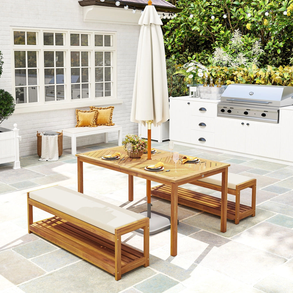 Set da giardino a 3 pezzi: tavolo da pranzo (foro per ombrello) + 2 panche; 150x85x75 cm; teak