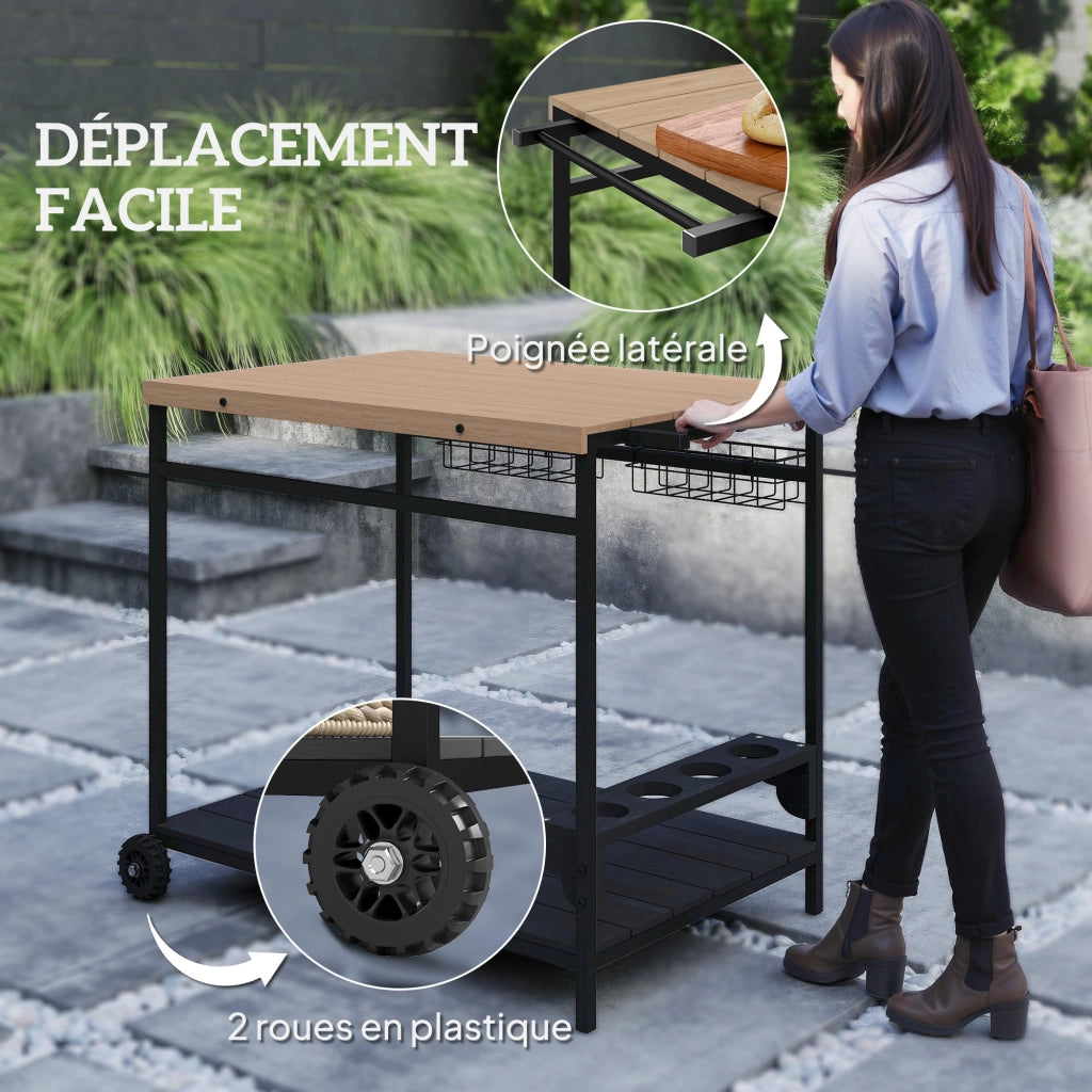 Carrello da giardino per barbecue ¨C Xylo ¨C legno e metallo con 2 ripiani e portabottiglie