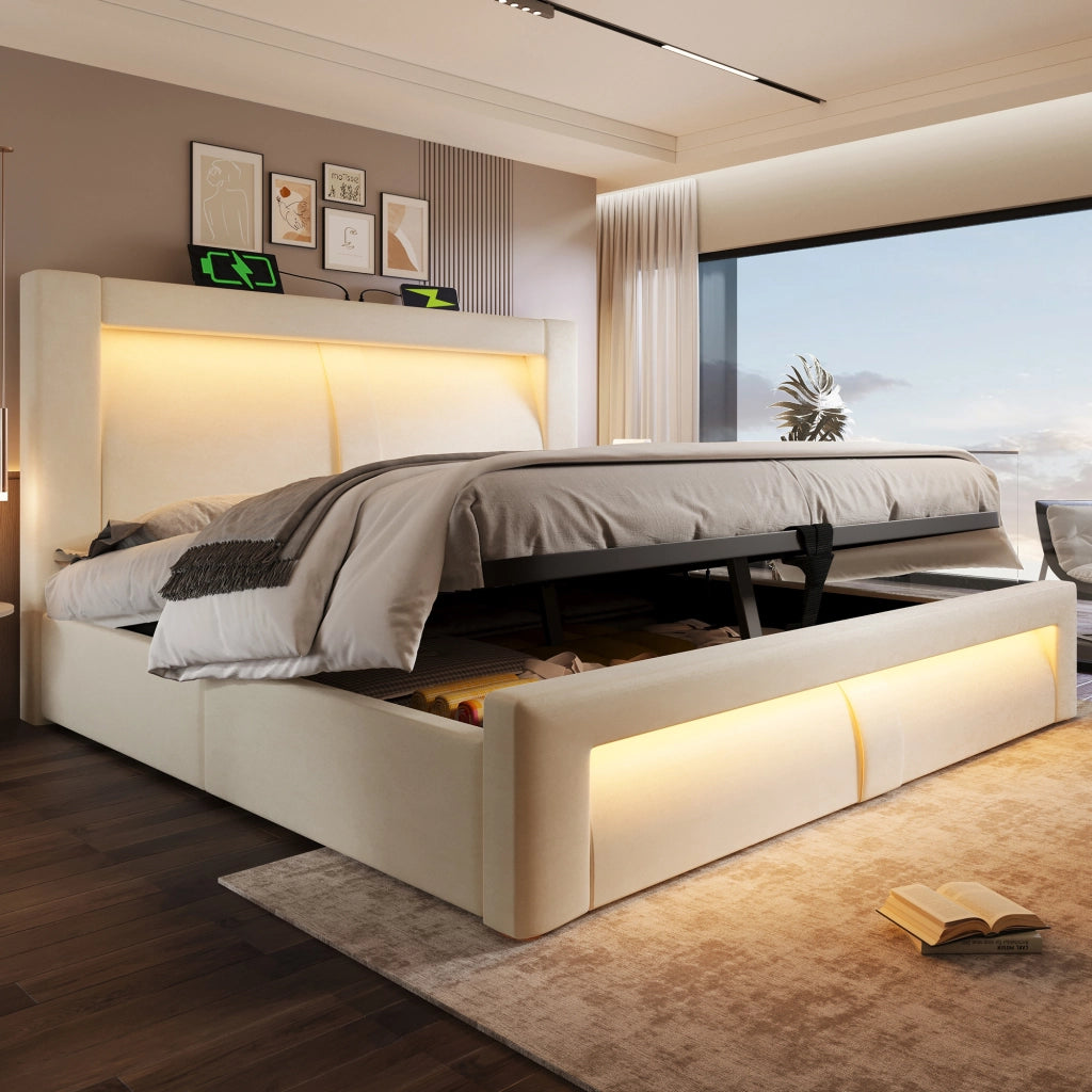DESMIU Letto Contenitore 140 × 200 cm 2 Posti con LED, USB, Type-C, Contenitore Idraulico, senza Materasso, in Velluto Beige