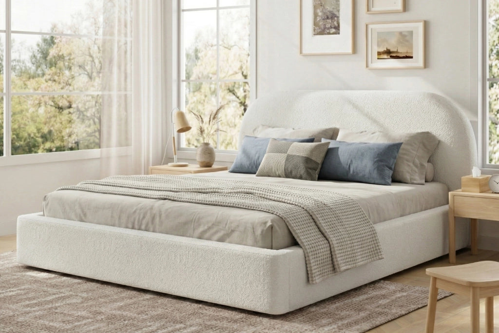 DESMIU Letto matrimoniale 180 × 200 cm 2 posti con testiera imbottita, senza materasso, bouclé beige