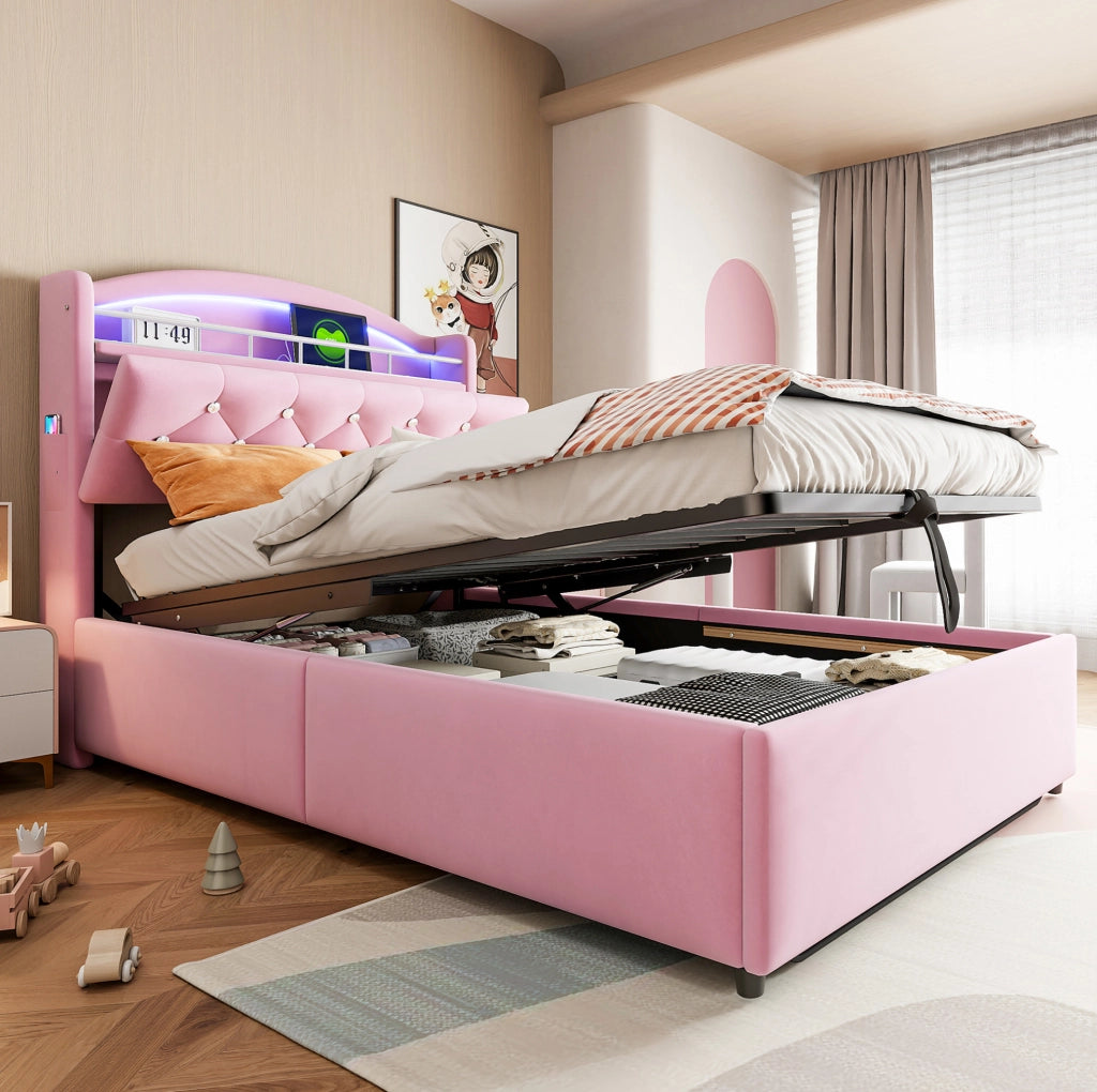 Letto imbottito 90x200 con contenitore, LED e USB, rosa