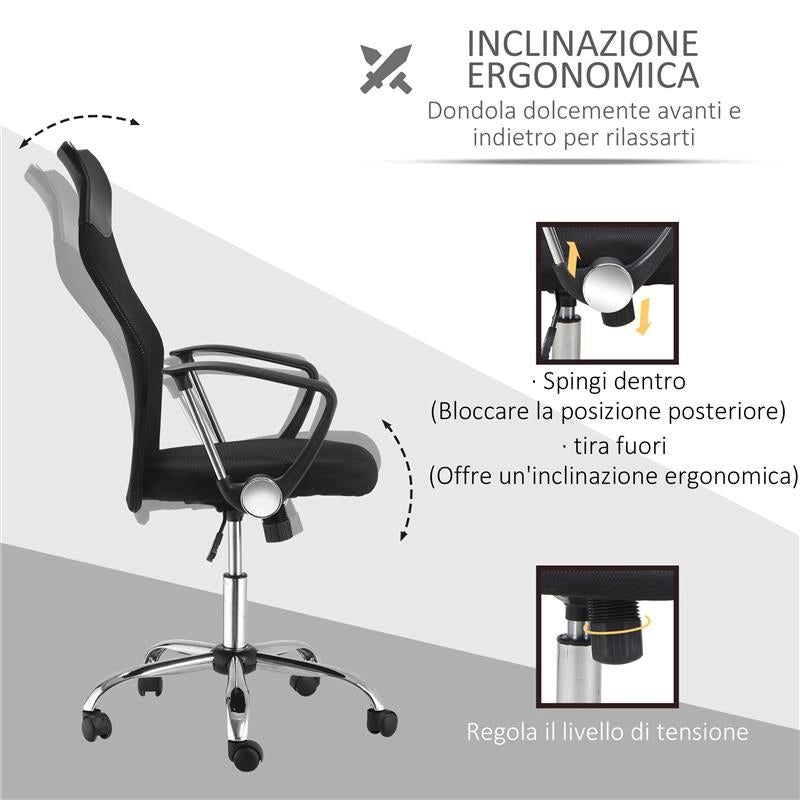 SEDIA ERGONOMICA DA UFFICIO GIREVOLE E DONDOLO CON RUOTE ALTEZZA REGOLABILE E SCHIENALE A RETE 63X65X109-119 CM NERO