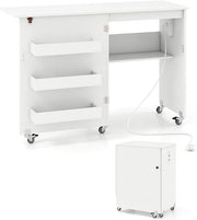 Mobile per Macchina da Cucire Pieghevole, Tavolo da Cucito con Stazione di Ricarica, Ruote Bloccabili, Ripiano e Contenitori (Bianco, 116 x 41 x 78 cm)