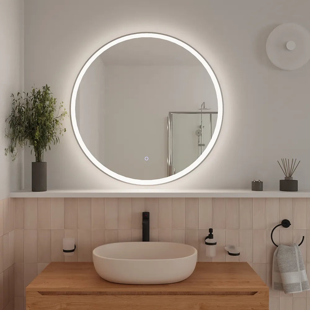 Specchio led tondo Ø 80 cm cornice bianco opaco touch screen luce calda/fredda