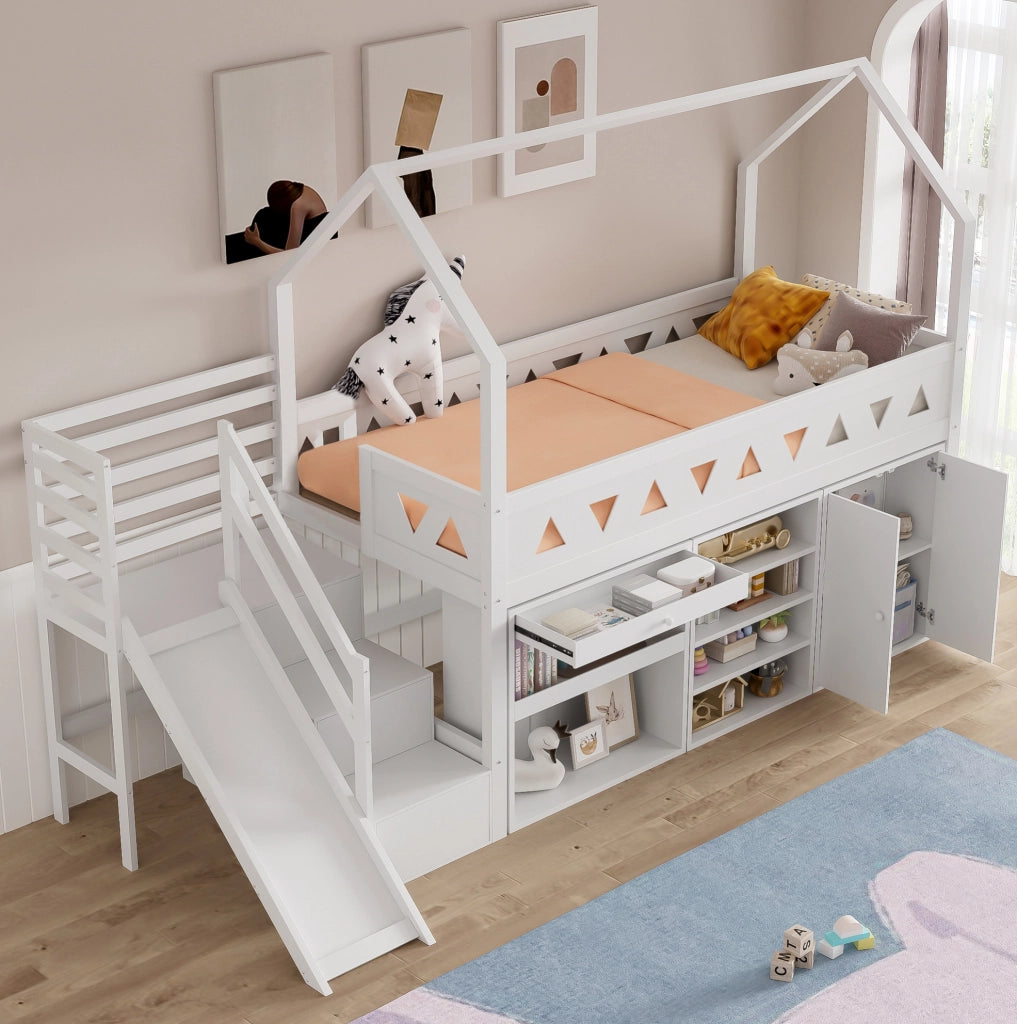 Letto per bambini multifunzionale con scivolo, scale e contenitori 90x200 cm