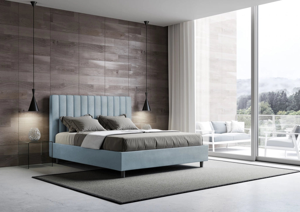 BS COM Letto matrimoniale con rete imbottito 160x190 microfibra azzurro