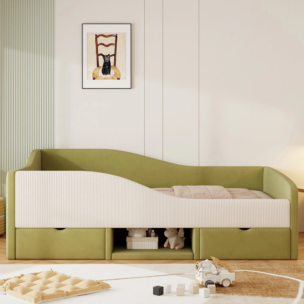 Letto Imbottito con Cassetti ¨C MINIMAL ¨C Velluto Verde Scuro e Bianco 90x190