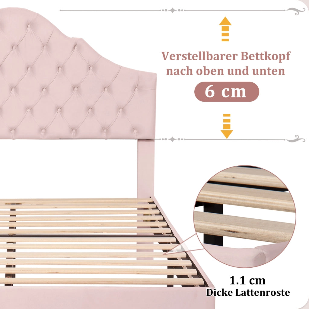 LETTO imbottito 140x200 cm in velluto rosa con rete a doghe e testiera