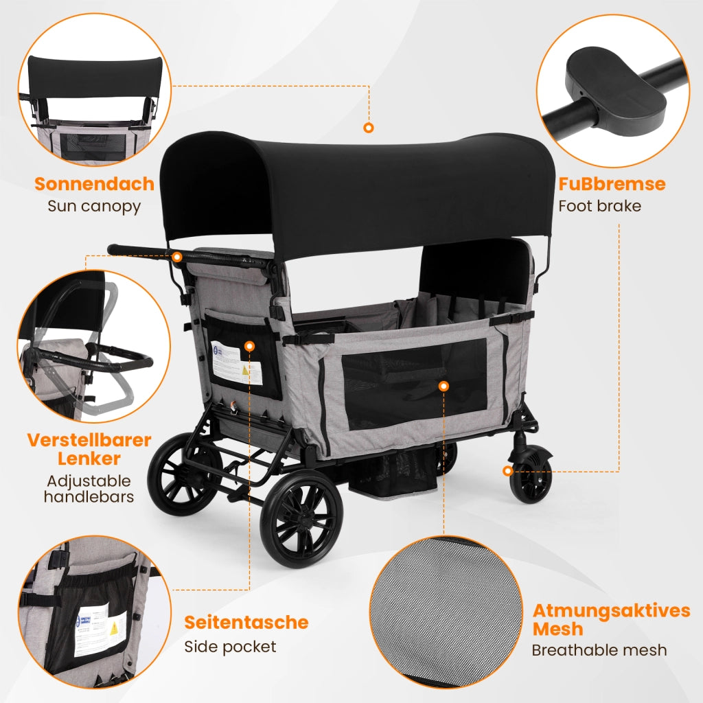 Carrello pieghevole di grandi dimensioni con 4 posti, grigio chiaro, sedile trasformabile in ampia sdraio, maniglione regolabile in 8 posizioni, piegh