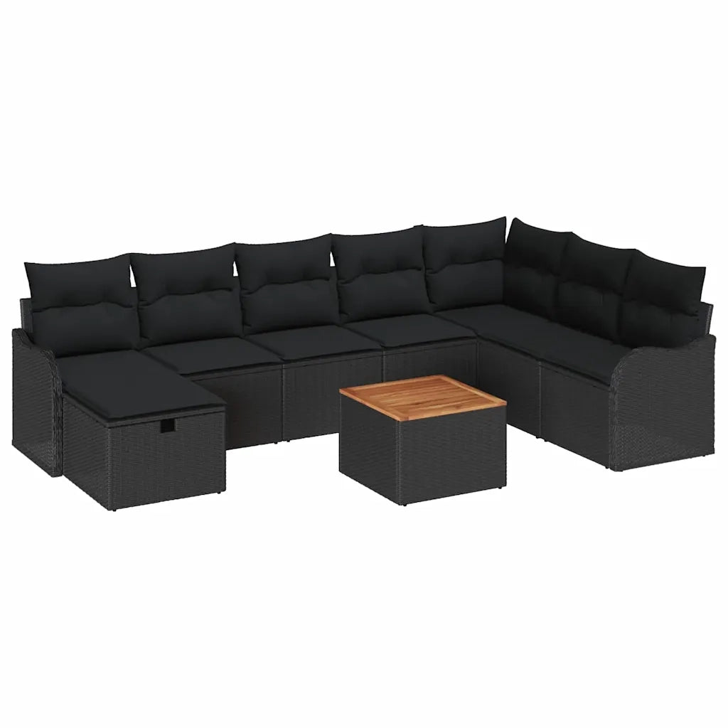 Set Divano da Giardino con cuscino 9 pcs Nero Poly Rattan
