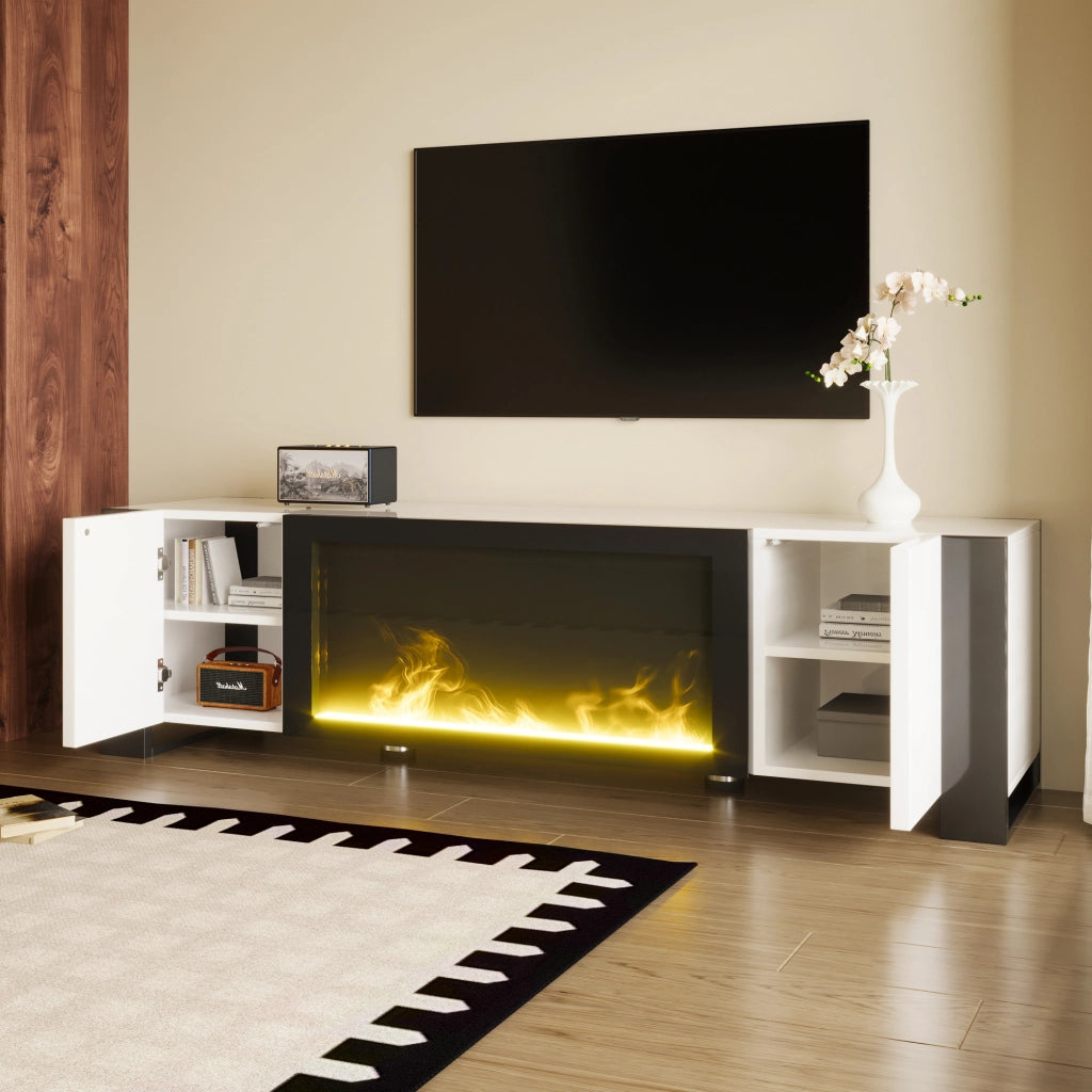 OKWISH Mobile TV con 2 Ante e Ripiani, Camino Elettrico con Effetto Fiamma senza Riscaldamento, per Soggiorno, 165 x 32 x 55 cm