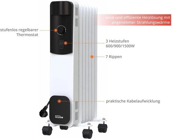 Riscaldatore a Olio 1500 Watt 7 ribelli - 3 modalità di riscaldamento - Termostato senza cassetta - Protezione contro sovraccarico riscaldatore a olio